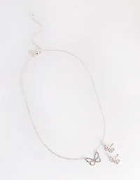 Silver Diamante Butterfly Necklace & Stud Earring Set