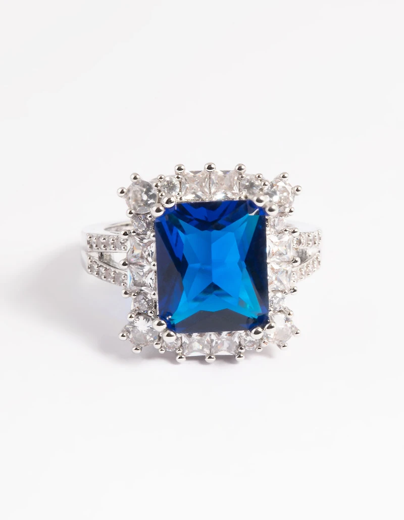 Silver Blue Cubic Zirconia Asscher Ring