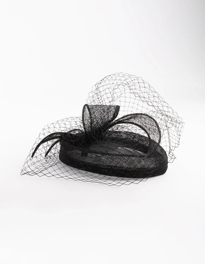 Black Sinamay Pillbox Comb with Netting Detail