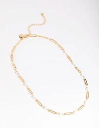 Gold Plated Freshwater Pearl Oval Chain Link Necklace