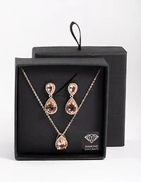 Diamond Simulant Rose Gold Double Teardrop Necklace & Earring Set