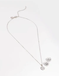 Rhodium Diamond Simulant Halo Studs & Necklace