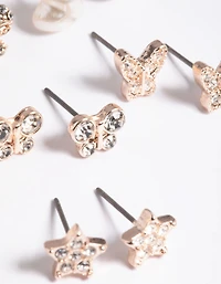 Kids Rose Gold Diamante Butterfly Stud 6-Pack