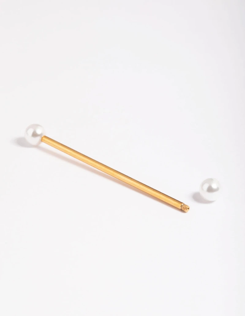 Gold Plated Titanium Faux Pearl Industrial Bar