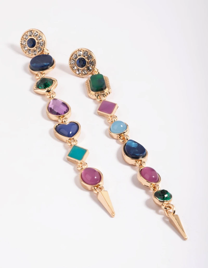 Gold Long Mixed Stone Drop Earrings