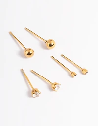 Waterproof Gold Plated Stainless Steel Cubic Zirconia Plain Stud Earrings Pack