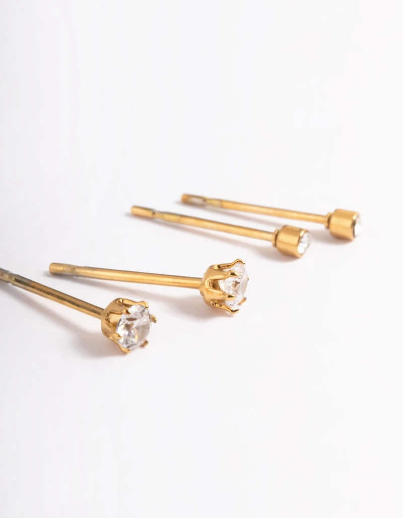 Waterproof Gold Plated Stainless Steel Cubic Zirconia Plain Stud Earrings Pack