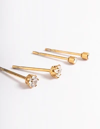 Waterproof Gold Plated Stainless Steel Cubic Zirconia Plain Stud Earrings Pack