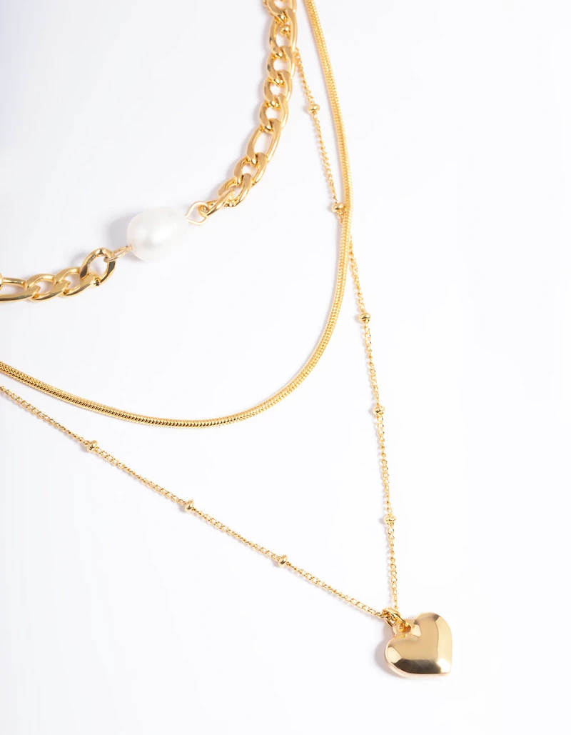 Waterproof Gold Plated Stainless Steel Heart & Freshwater Pearl Layered Necklace