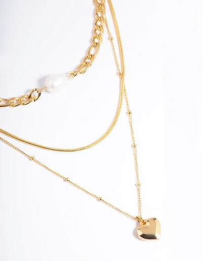 Waterproof Gold Plated Stainless Steel Heart & Freshwater Pearl Layered Necklace