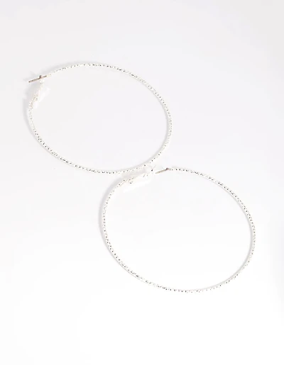 Silver 70mm Facet Textured Hoop Earrings