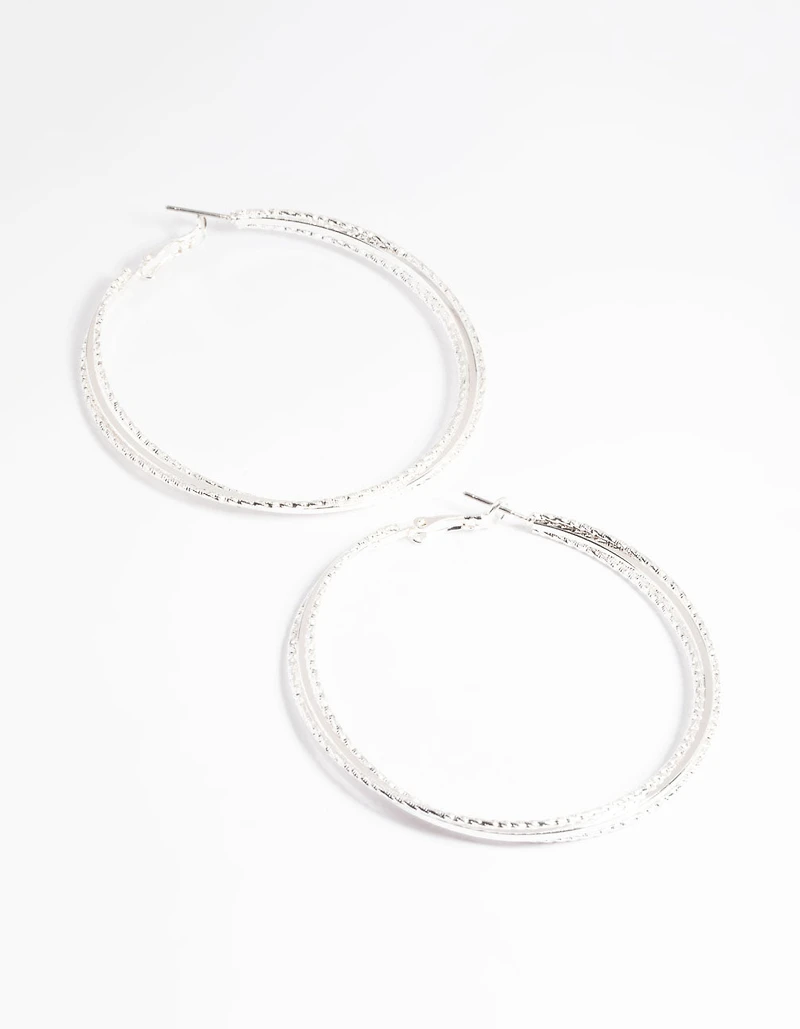 Silver 60mm Textured Twist Hoop Earrings