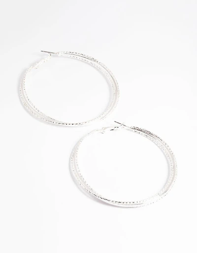 Silver 60mm Textured Twist Hoop Earrings