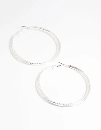 Silver 60mm Textured Twist Hoop Earrings