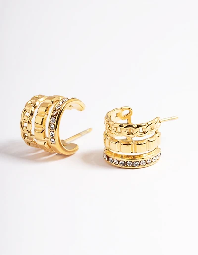 Gold Plated Triple Chain Hoop Earrings