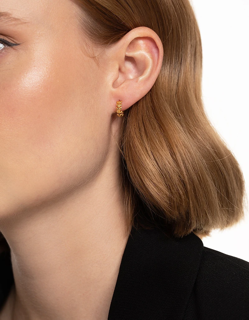 Gold Plated Sterling Silver leaf Detailed Huggie Earrings