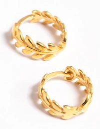 Gold Plated Sterling Silver leaf Detailed Huggie Earrings