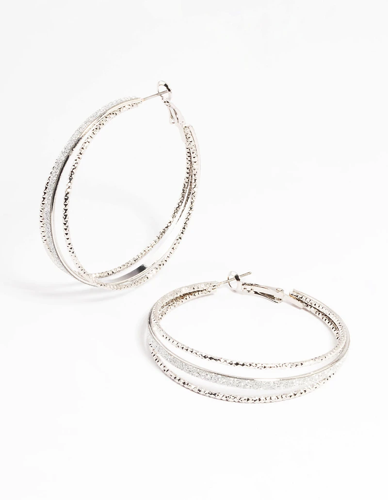 Silver Textured Split Glitter Hoop Earrings