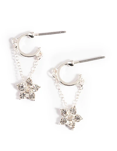 Silver Diamante Flower Chain Huggie Earrings