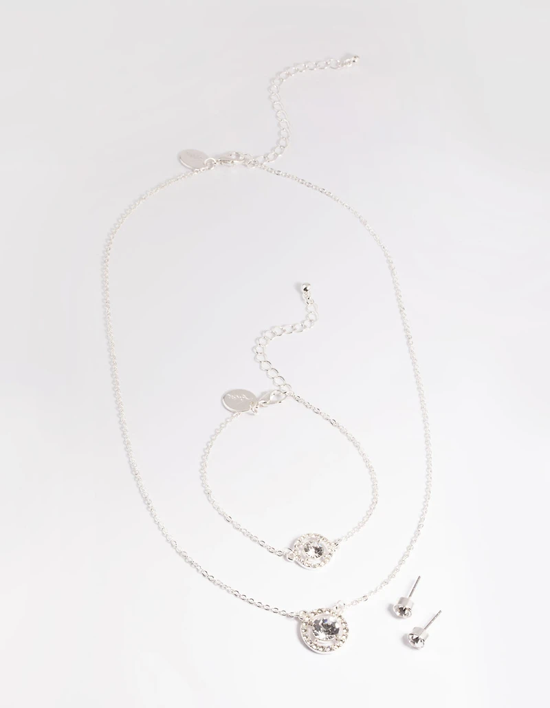 Silver Stone & Surrounded Necklace, Bracelet & Earrings Set