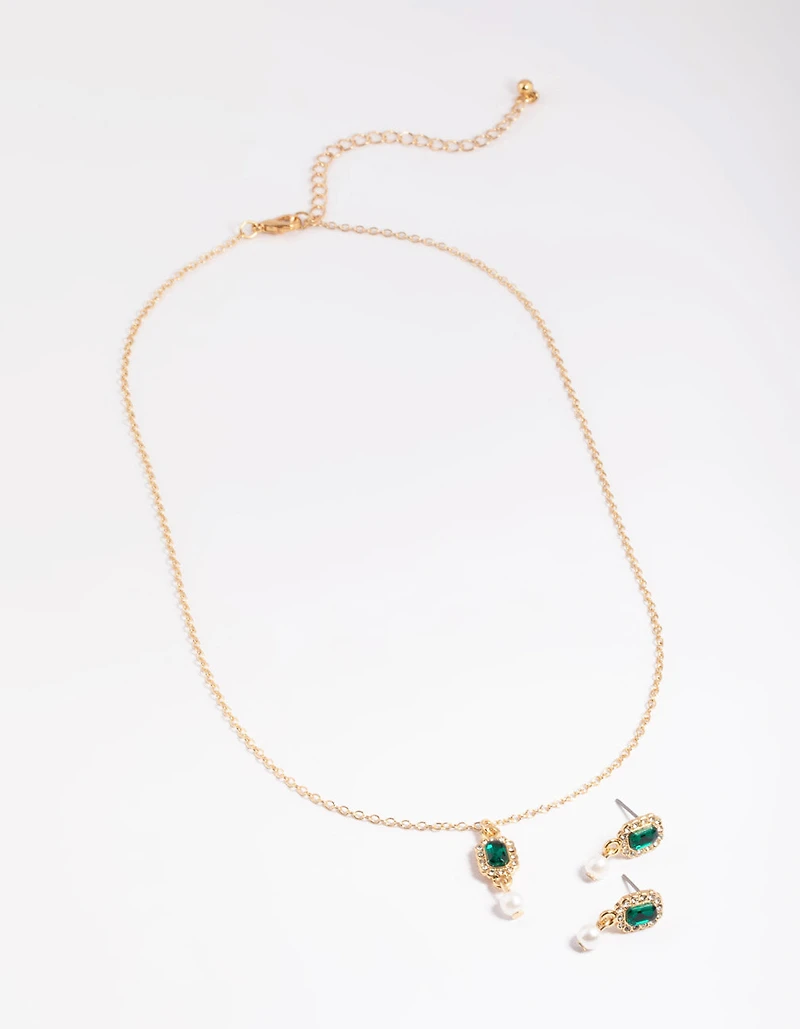 Gold Stone & Set Pearl Necklace & Earring Set