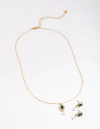 Gold Stone & Set Pearl Necklace & Earring Set