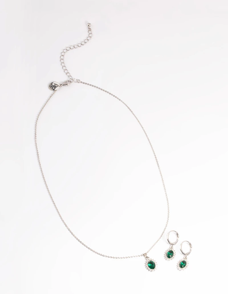 Rhodium Diamante Surrounded Necklace & Huggie Set