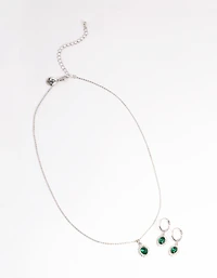 Rhodium Diamante Surrounded Necklace & Huggie Set