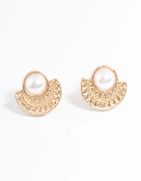 Gold Pearl Etched Stud Earrings