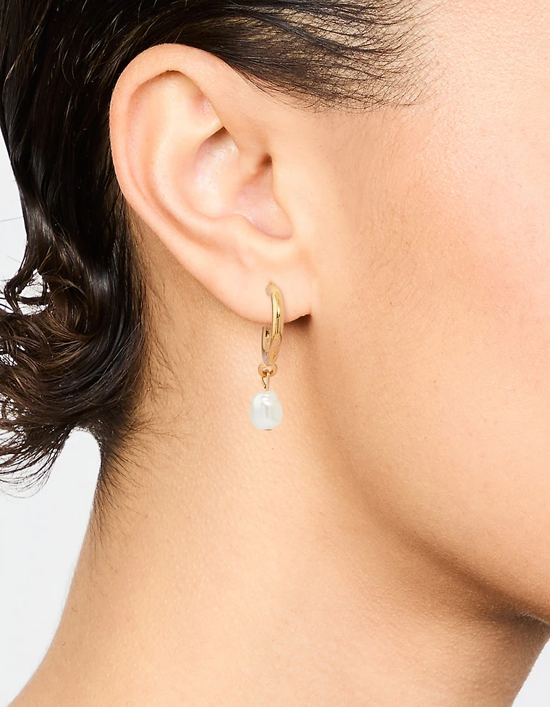 Gold Pearl Drop Huggie Earrings
