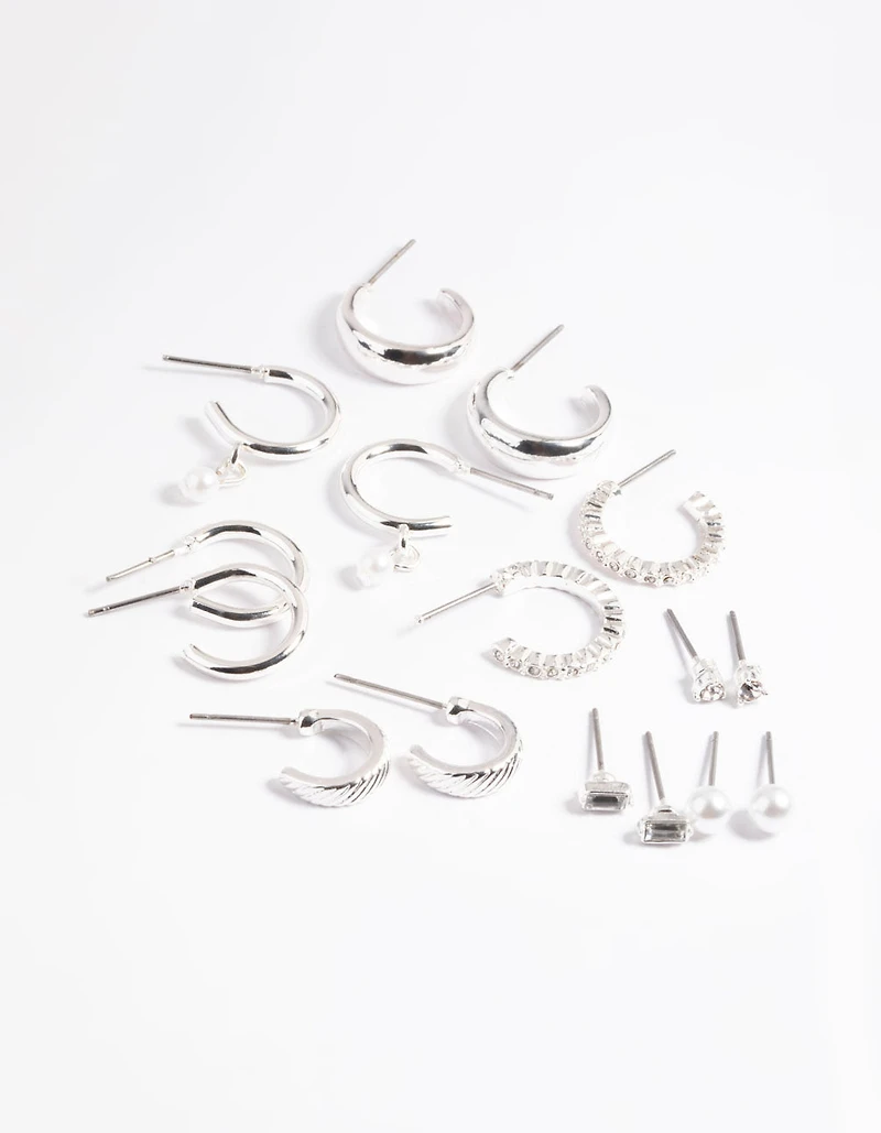 Silver Pearl Stud & Hoop Earrings 8-Pack