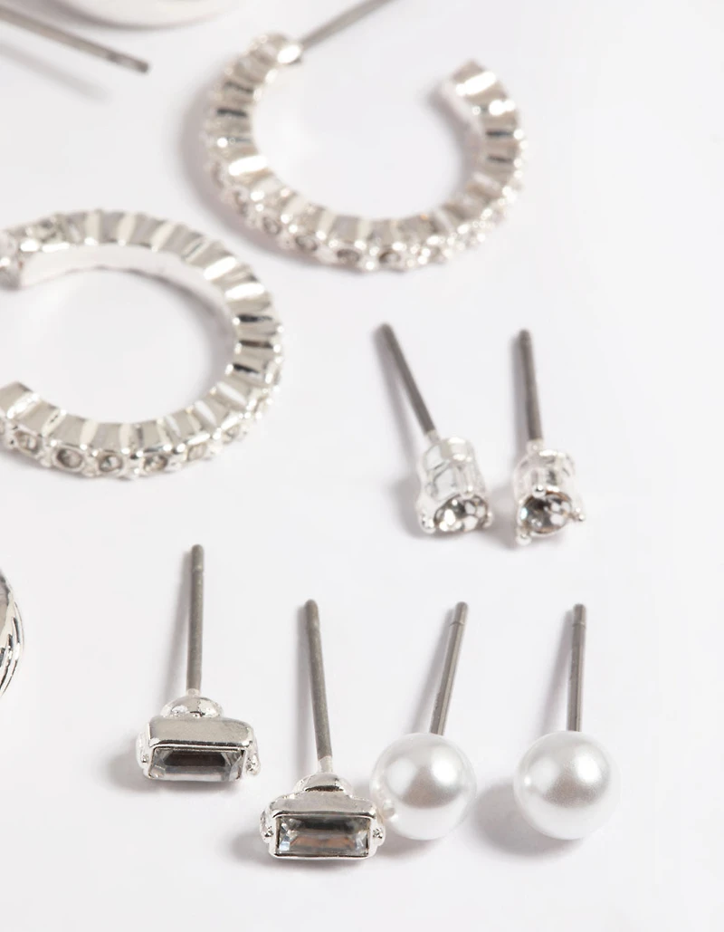 Silver Pearl Stud & Hoop Earrings 8-Pack