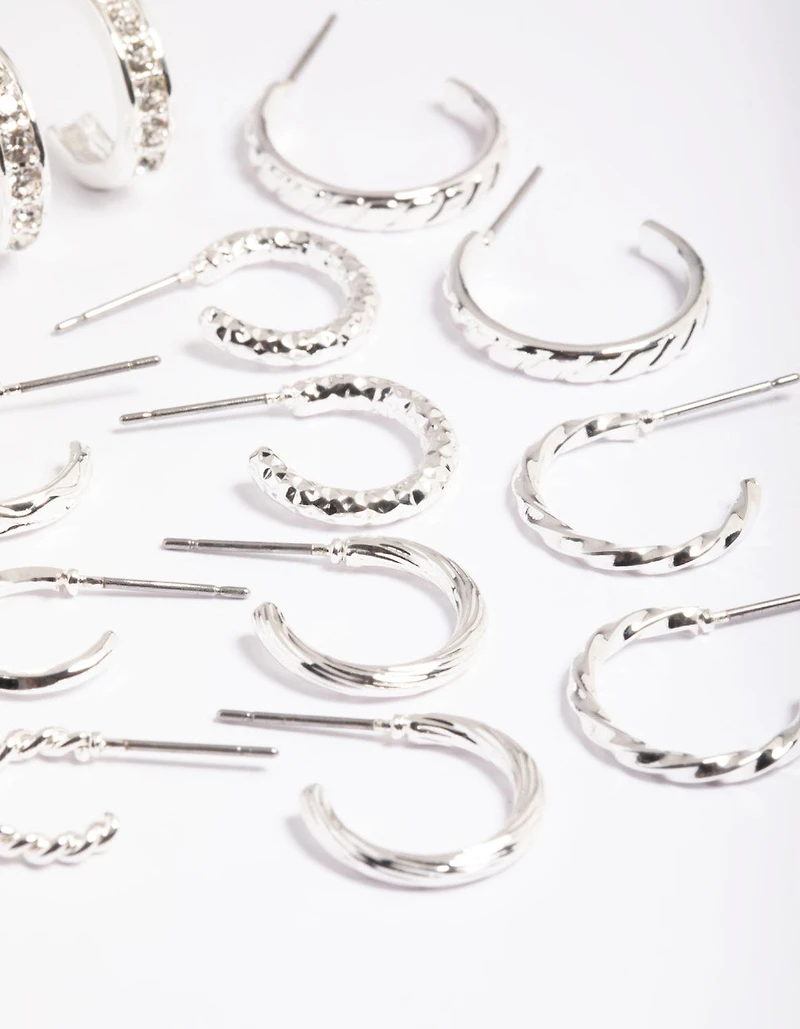 Silver Mixed Diamante Hoop Earrings 8-Pack