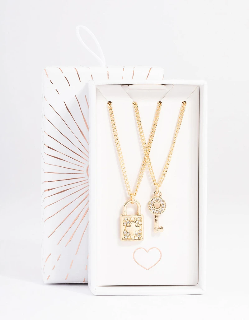 Gold Diamante Lock & Key Necklace Pack