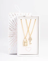 Gold Diamante Lock & Key Necklace Pack