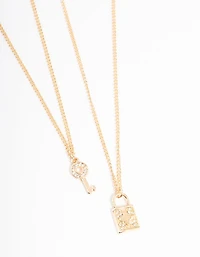 Gold Diamante Lock & Key Necklace Pack