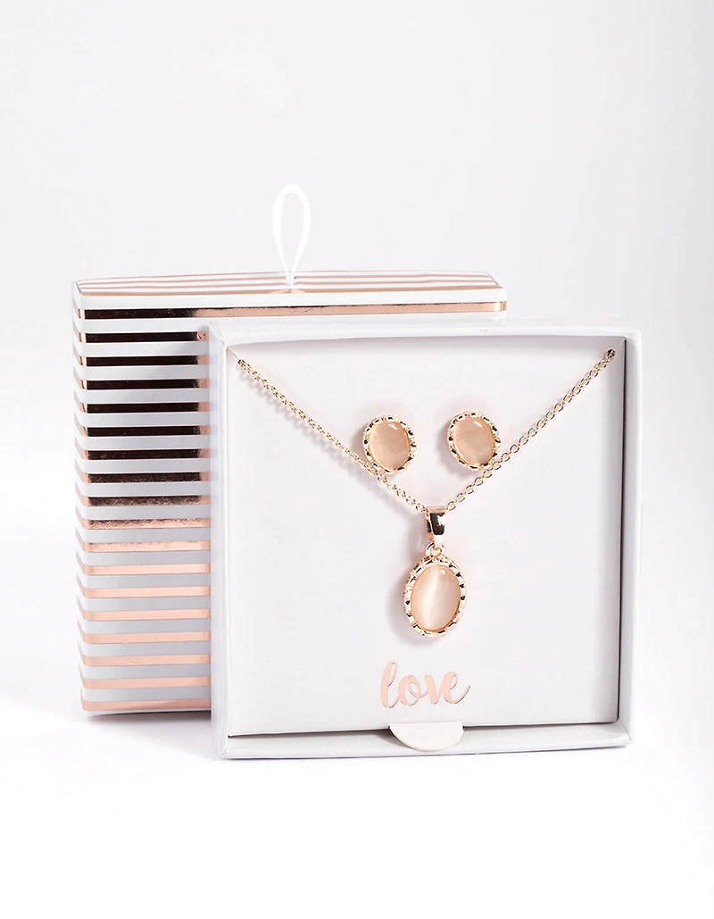 Rose Gold Oval Cateye Necklace & Stud Earrings