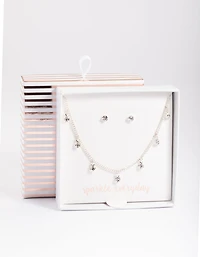 Silver Diamante Droplet Necklace & Stud Earrings