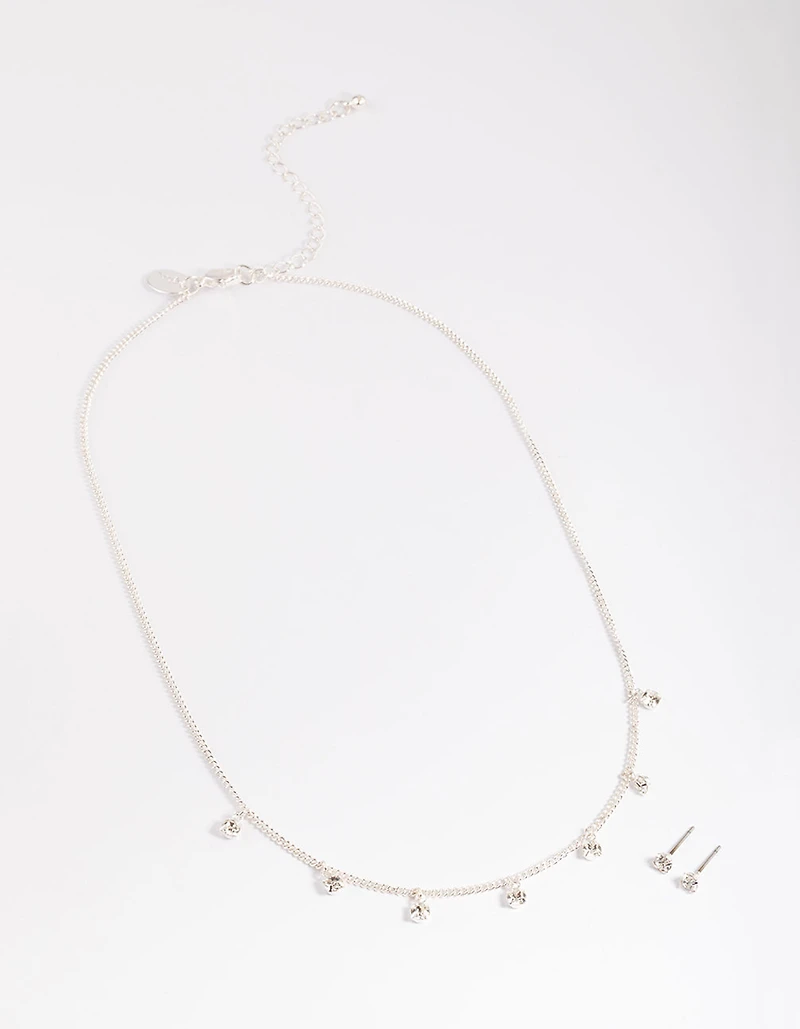 Silver Diamante Droplet Necklace & Stud Earrings