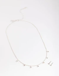 Silver Diamante Droplet Necklace & Stud Earrings