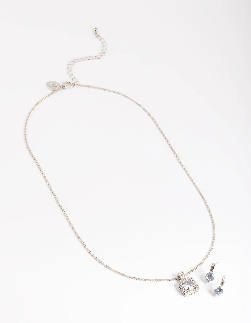 Silver Square Halo Necklace & Stud Earrings