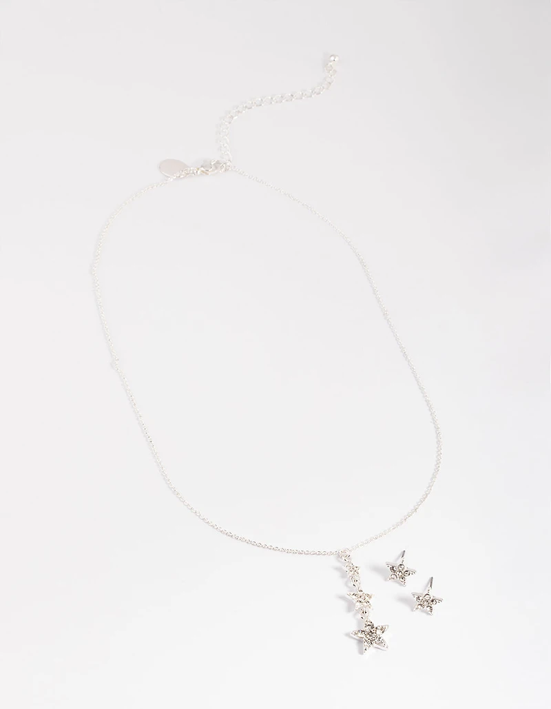 Silver Diamante Star Drop Necklace & Stud Earrings