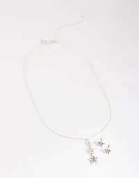 Silver Diamante Star Drop Necklace & Stud Earrings
