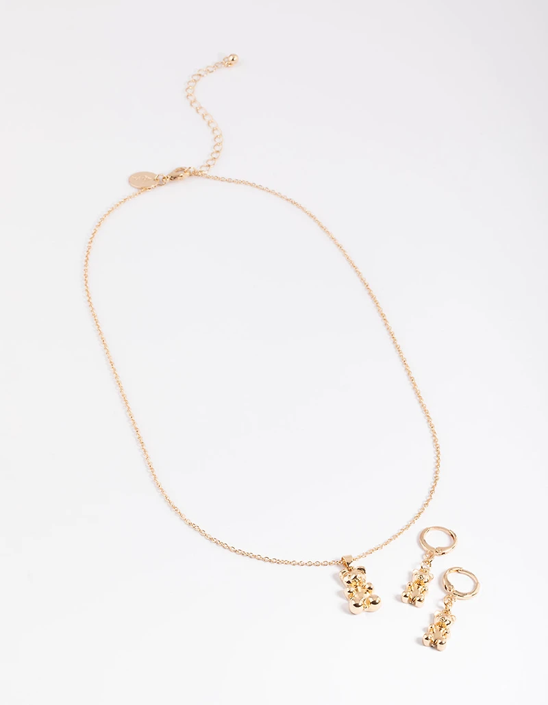Gold Gummy Bear Necklace & Huggie Earrings