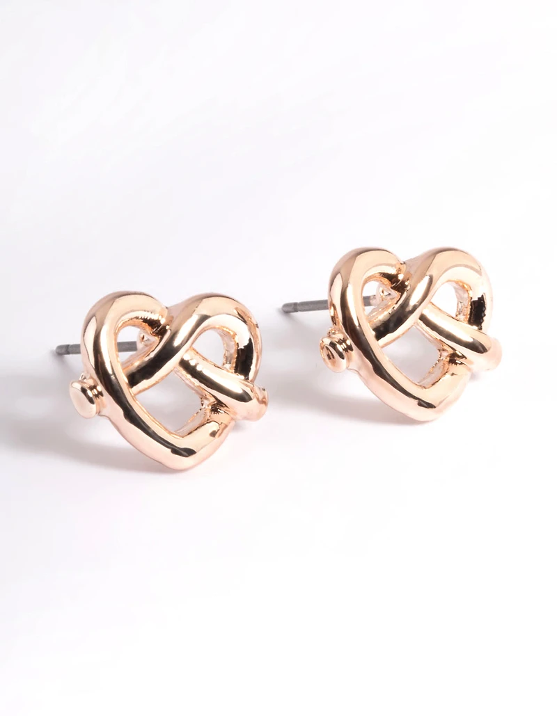Rose Gold Heart Pretzel Stud Earrings