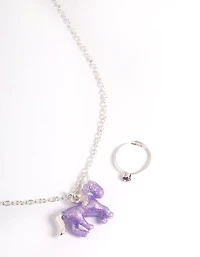 Kids Silver Glitter Necklace & Ring Set