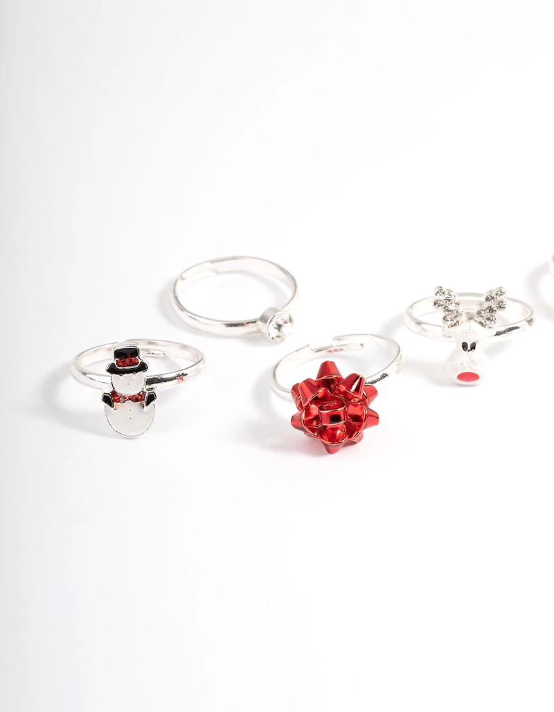 Kids Silver Diamante Bow 6-Pack Rings