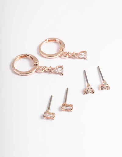Rose Gold Plated Brass Crystal Pear Huggie Earrings 6-Pack
