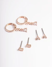 Rose Gold Plated Brass Crystal Pear Huggie Earrings 6-Pack
