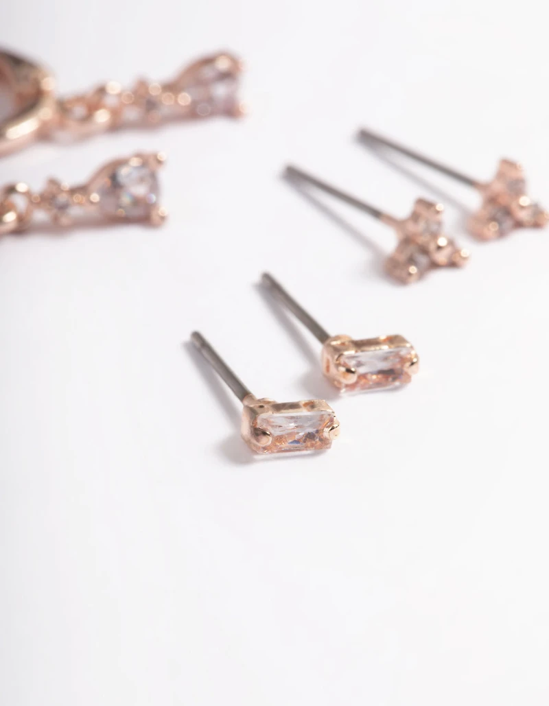 Rose Gold Plated Brass Crystal Pear Huggie Earrings 6-Pack